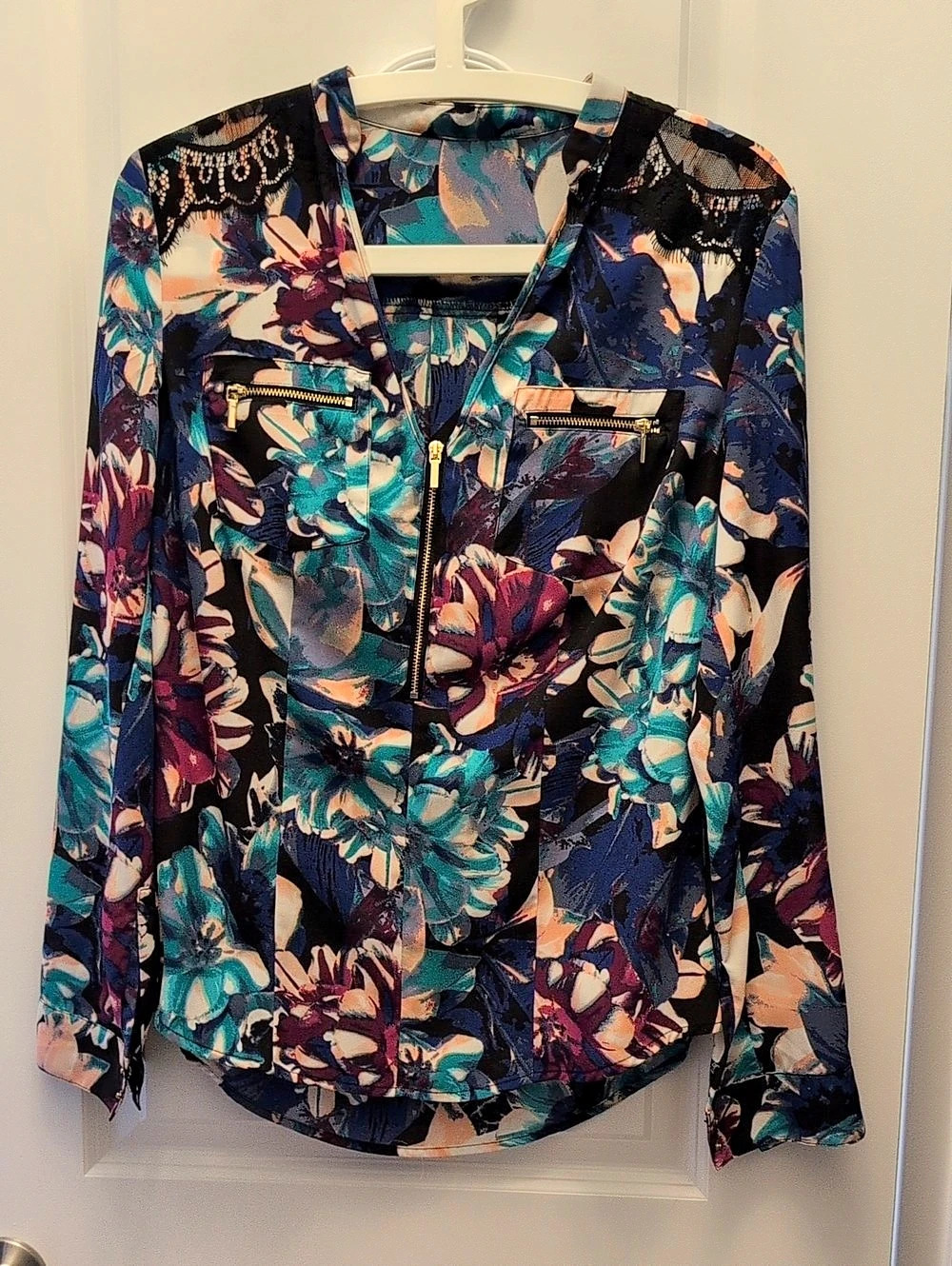 Floral Zip-Front Blouse in Blue & Multicolor